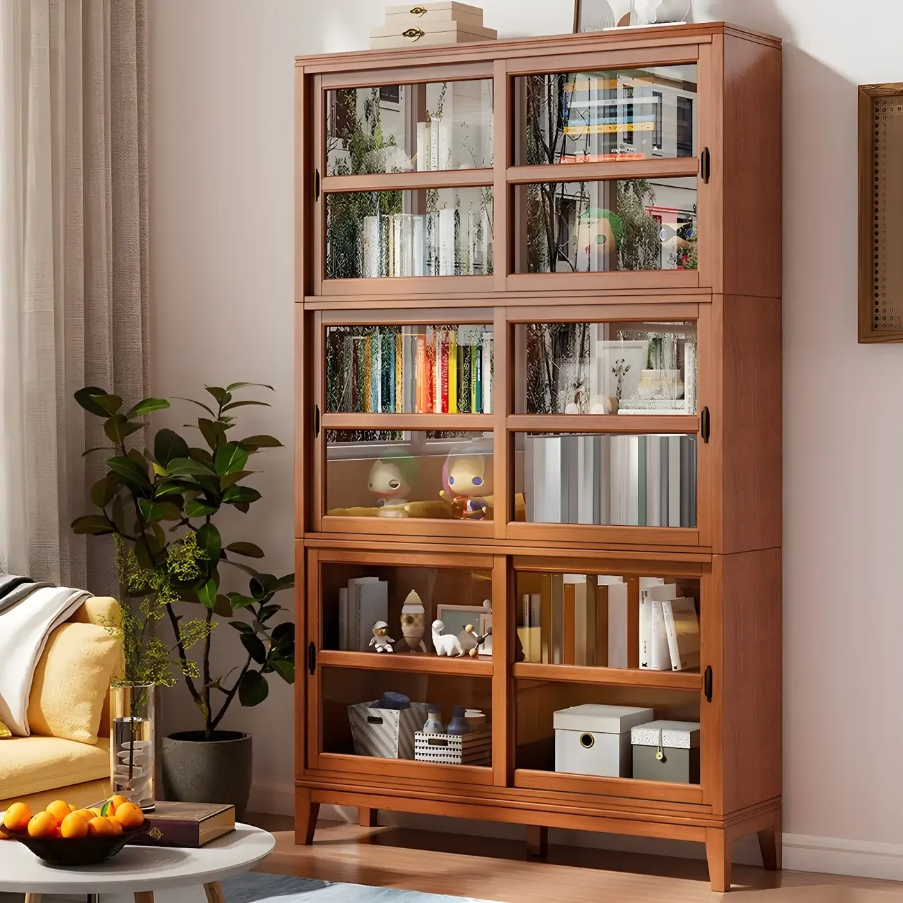 Adjustable Wood Glass Display Cabinet with Sliding Doors Image - 8