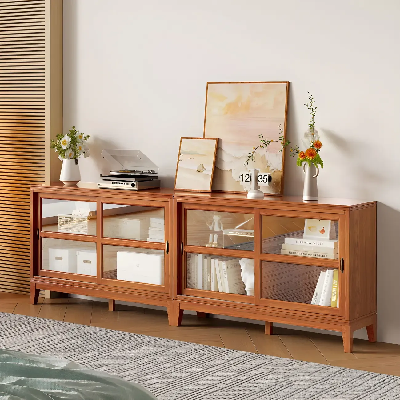 Adjustable Wood Glass Display Cabinet with Sliding Doors Image - 9