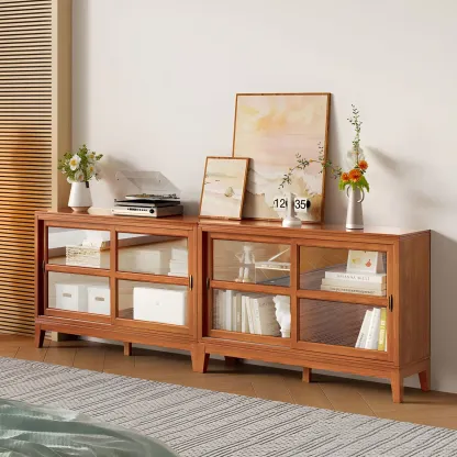 Adjustable Wood Glass Display Cabinet with Sliding Doors Image - 9