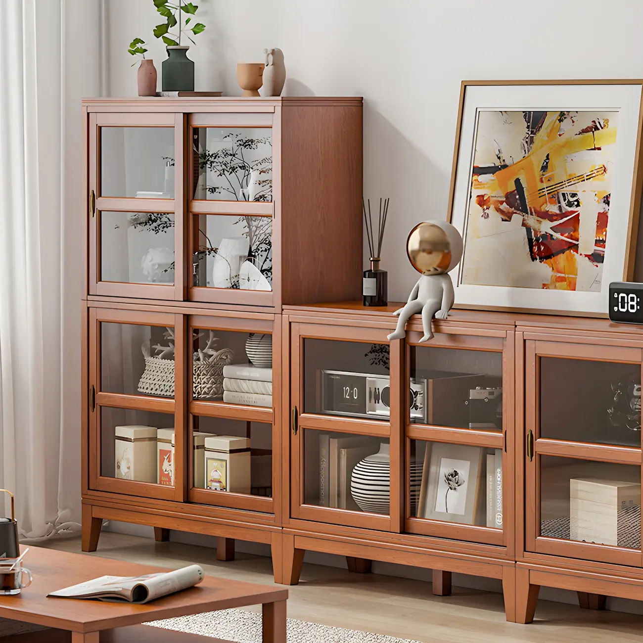 Adjustable Wood Glass Display Cabinet with Sliding Doors Image - 3 | homeyfad