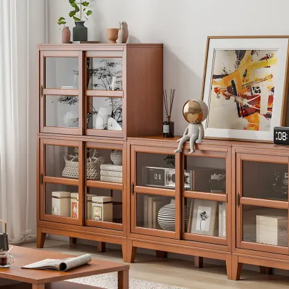 Adjustable Wood Glass Display Cabinet with Sliding Doors Image - 3