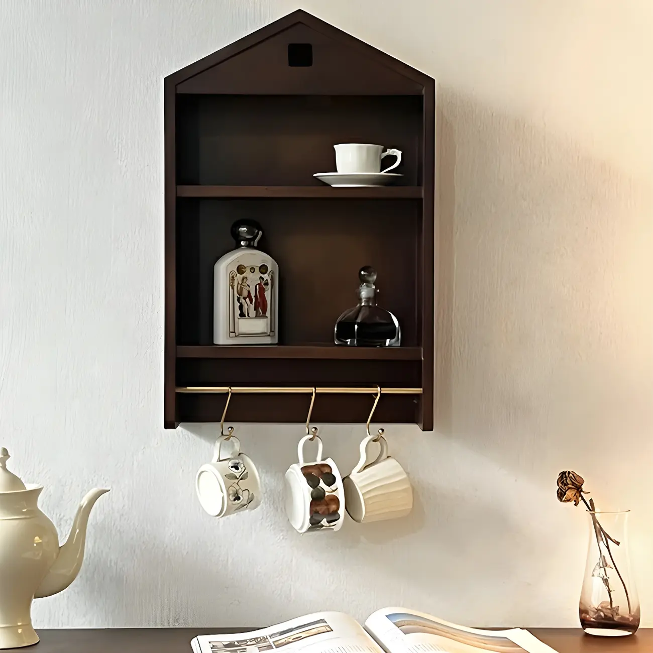 Classicial House-shaped 2 Shelves Floating Wood Display Cabinet Image - 1 | homeyfad