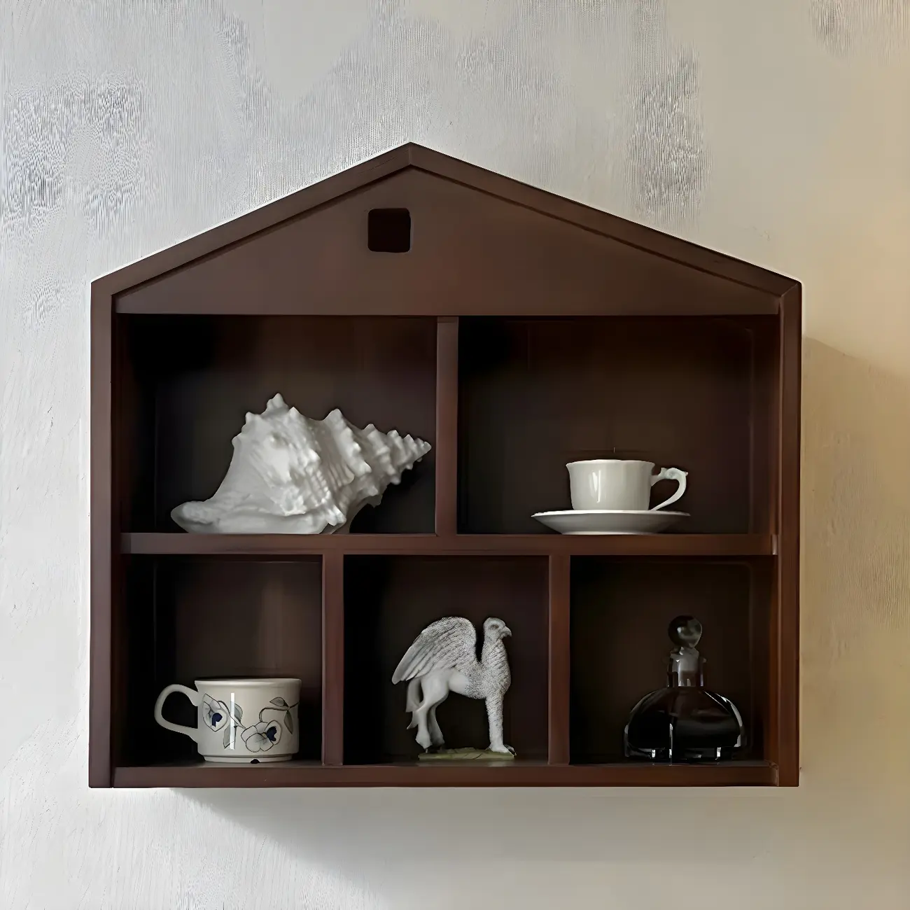 Classicial House-shaped 2 Shelves Floating Wood Display Cabinet Image - 2 | homeyfad