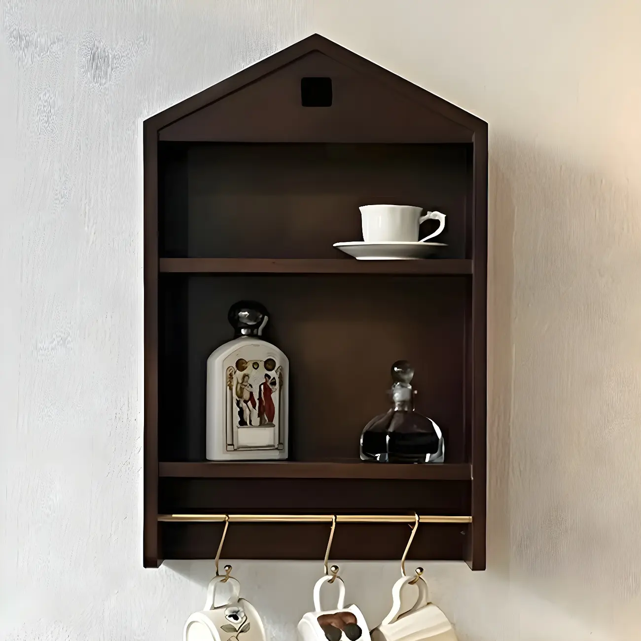 Classicial House-shaped 2 Shelves Floating Wood Display Cabinet Image - 3 | homeyfad