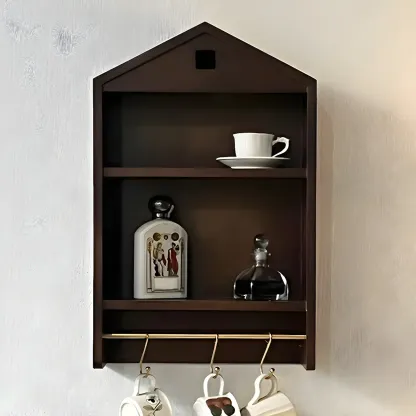 Classicial House-shaped 2 Shelves Floating Wood Display Cabinet Image - 3