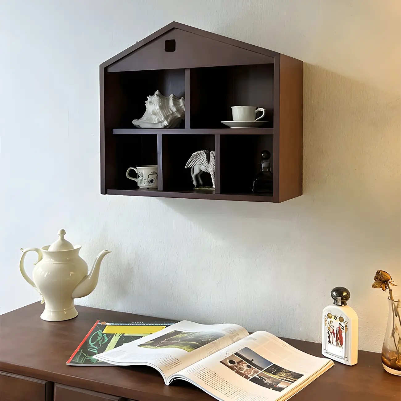 Classicial House-shaped 2 Shelves Floating Wood Display Cabinet Image - 4 | homeyfad