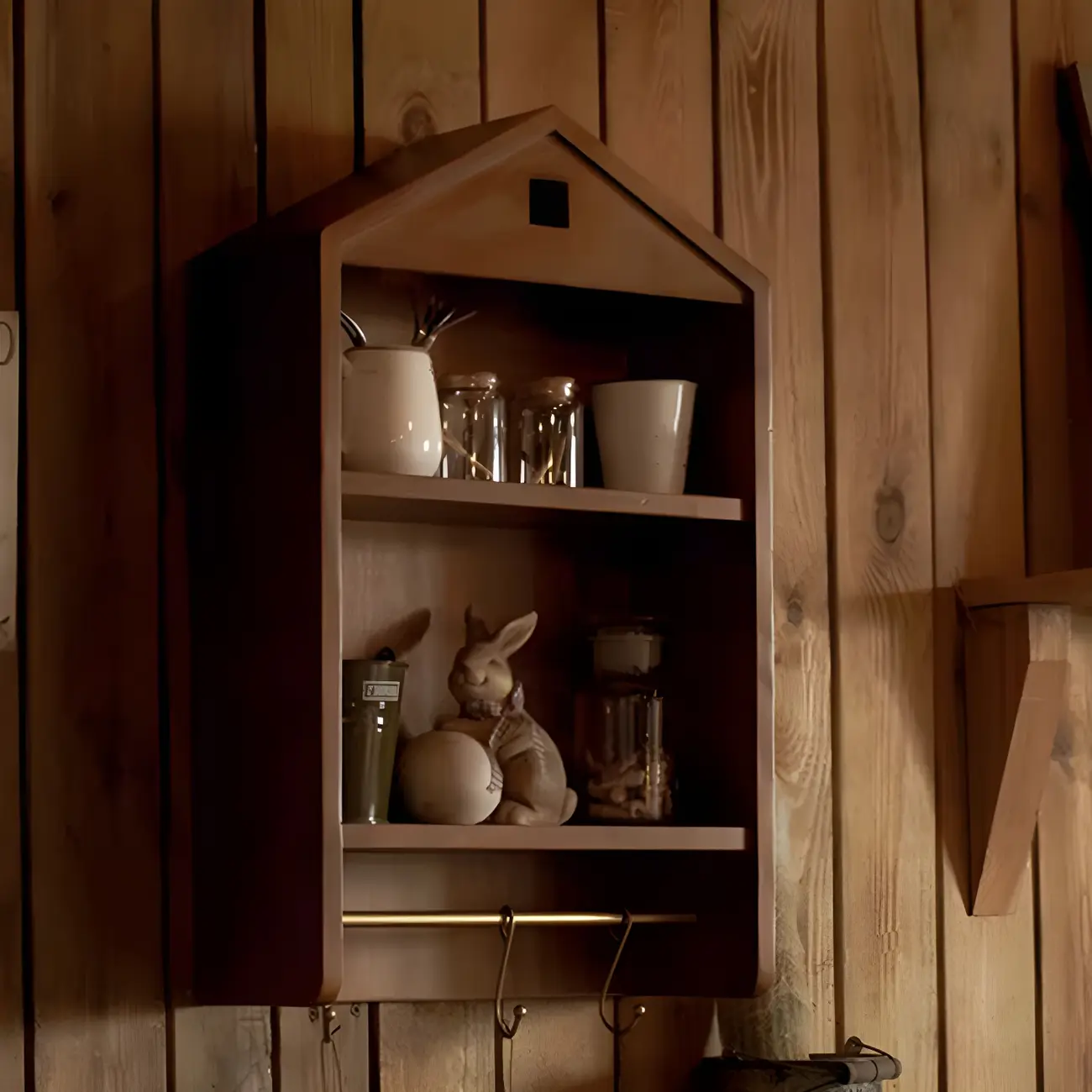 Classicial House-shaped 2 Shelves Floating Wood Display Cabinet Image - 5 | homeyfad