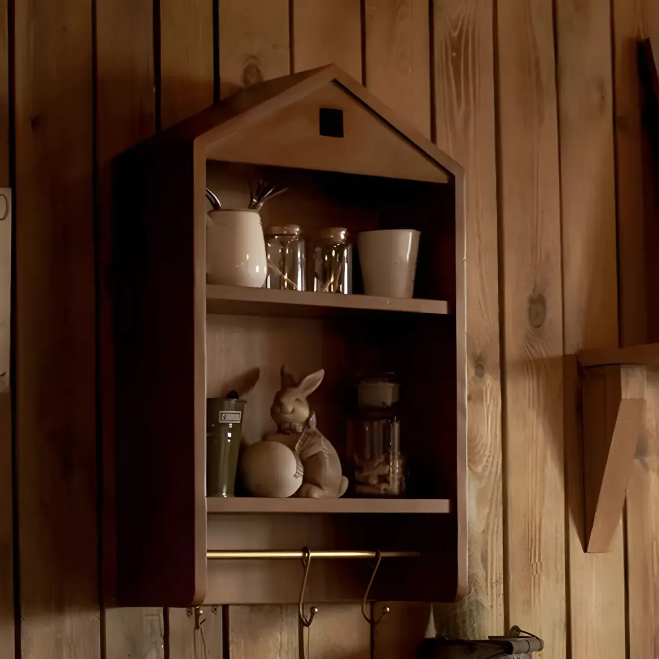 Classicial House-shaped 2 Shelves Floating Wood Display Cabinet Image - 5