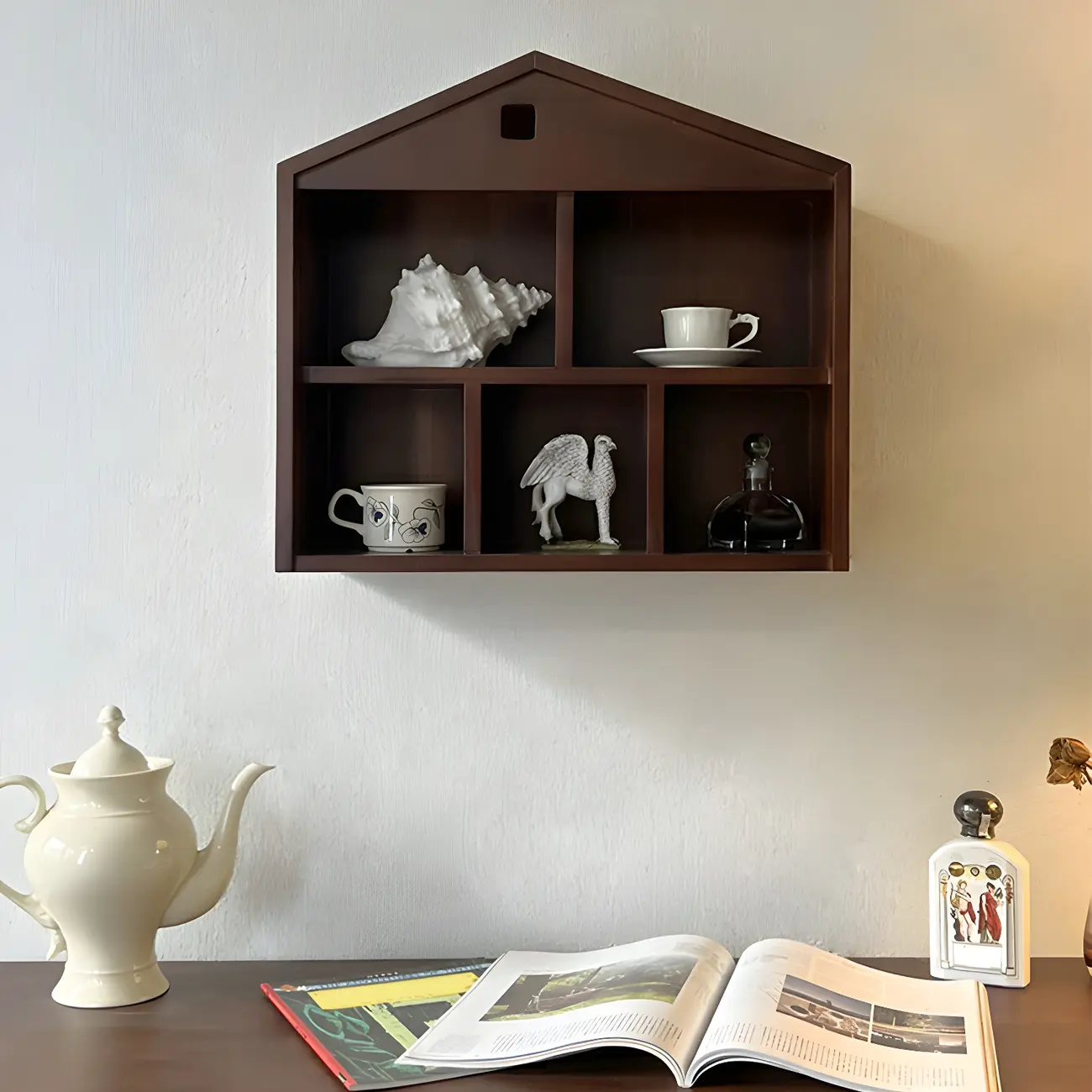 Classicial House-shaped 2 Shelves Floating Wood Display Cabinet Image - 6 | homeyfad