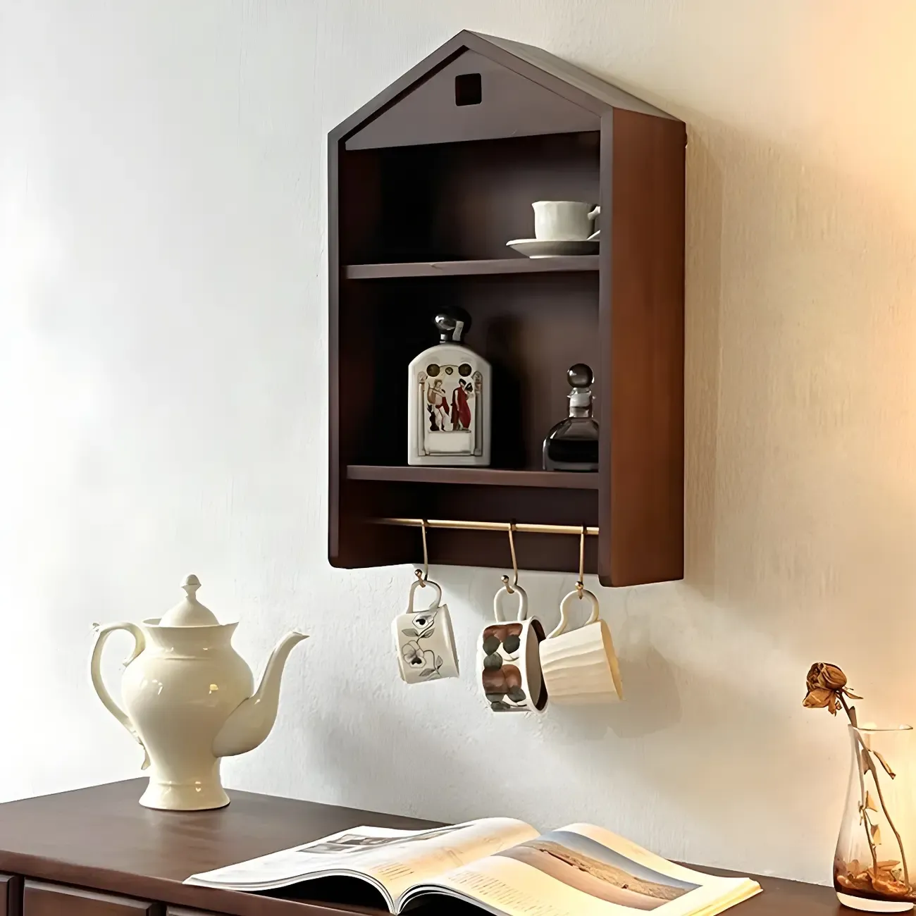 Classicial House-shaped 2 Shelves Floating Wood Display Cabinet Image - 10