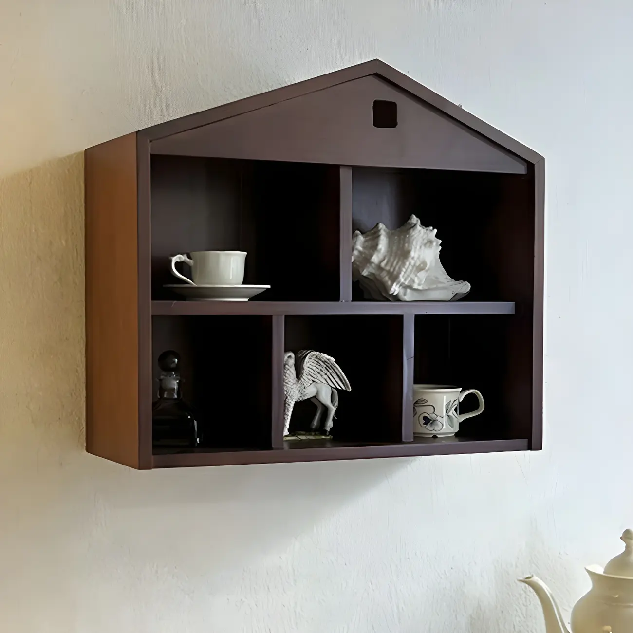 Classicial House-shaped 2 Shelves Floating Wood Display Cabinet Image - 11 | homeyfad