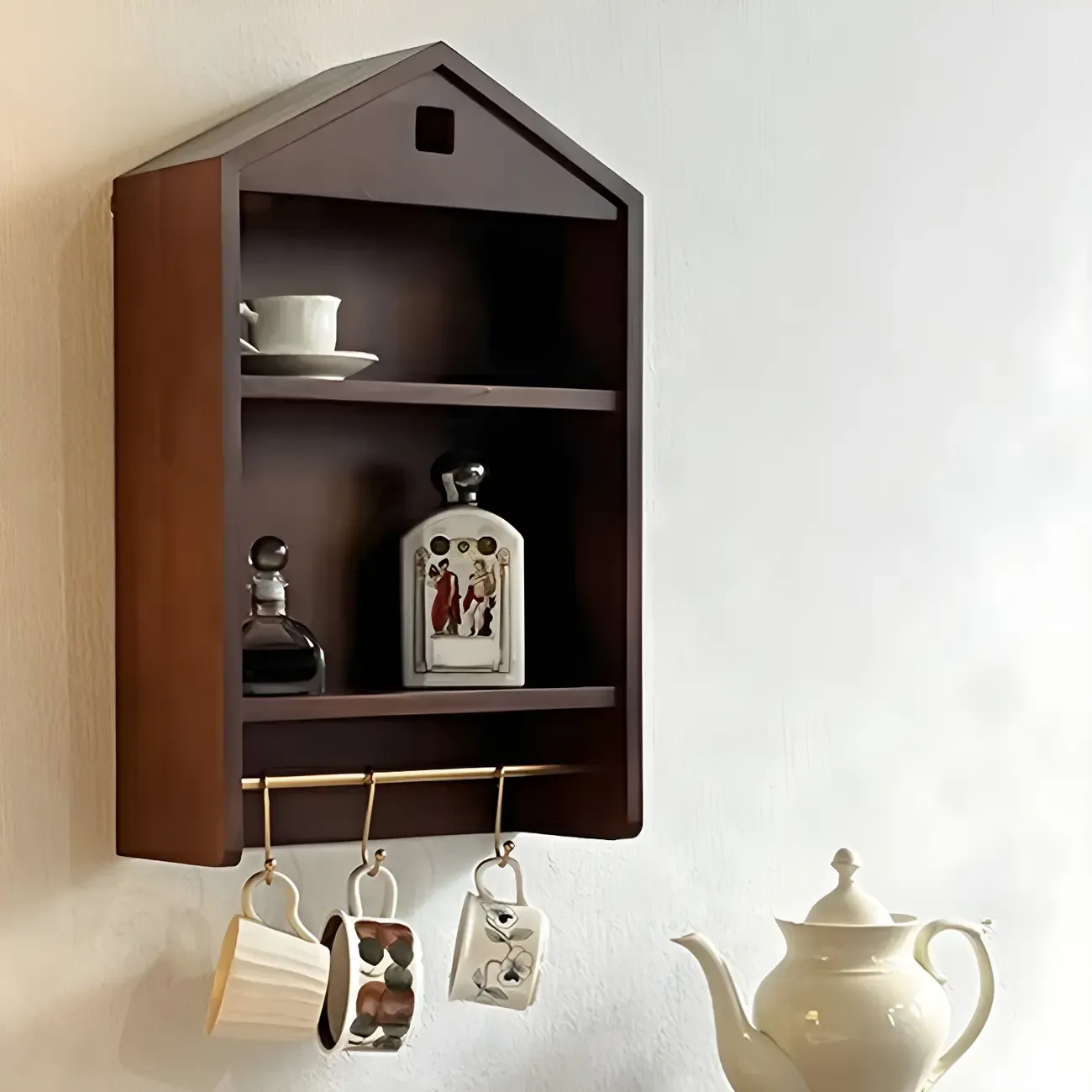 Classicial House-shaped 2 Shelves Floating Wood Display Cabinet Image - 12