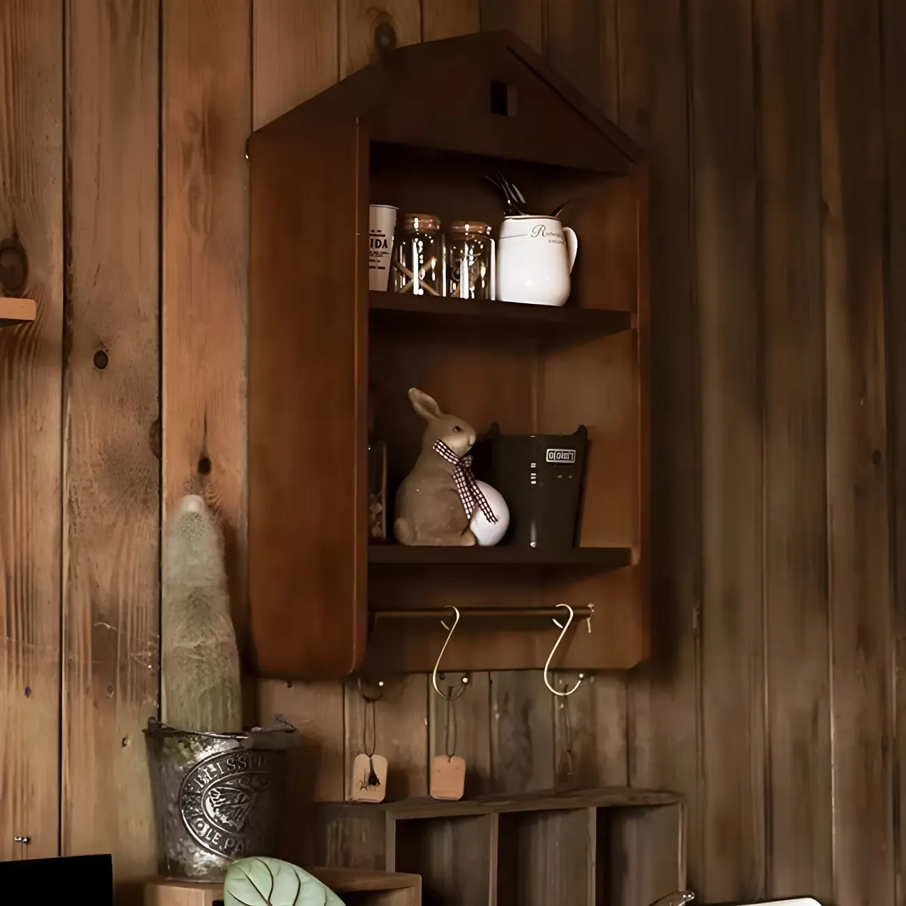 Classicial House-shaped 2 Shelves Floating Wood Display Cabinet Image - 13