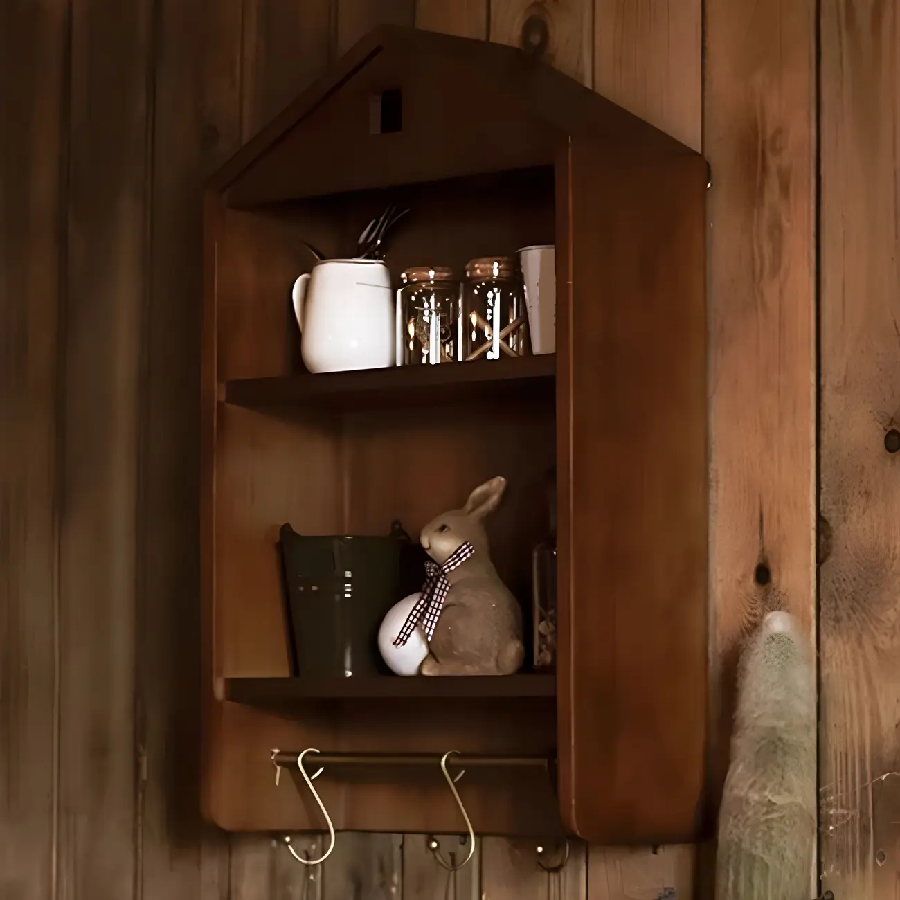 Classicial House-shaped 2 Shelves Floating Wood Display Cabinet Image - 14 | homeyfad