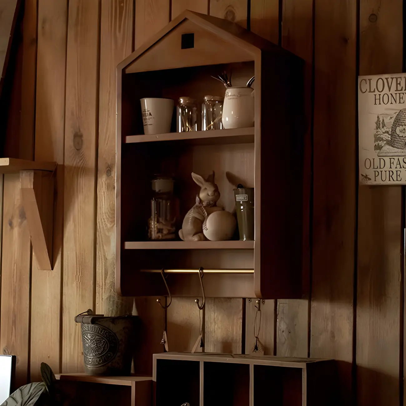 Classicial House-shaped 2 Shelves Floating Wood Display Cabinet Image - 15 | homeyfad