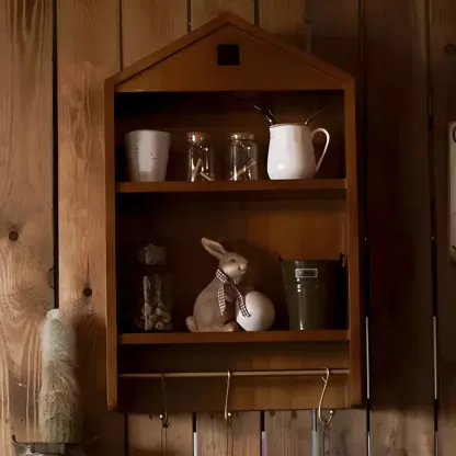 Classicial House-shaped 2 Shelves Floating Wood Display Cabinet Image - 17