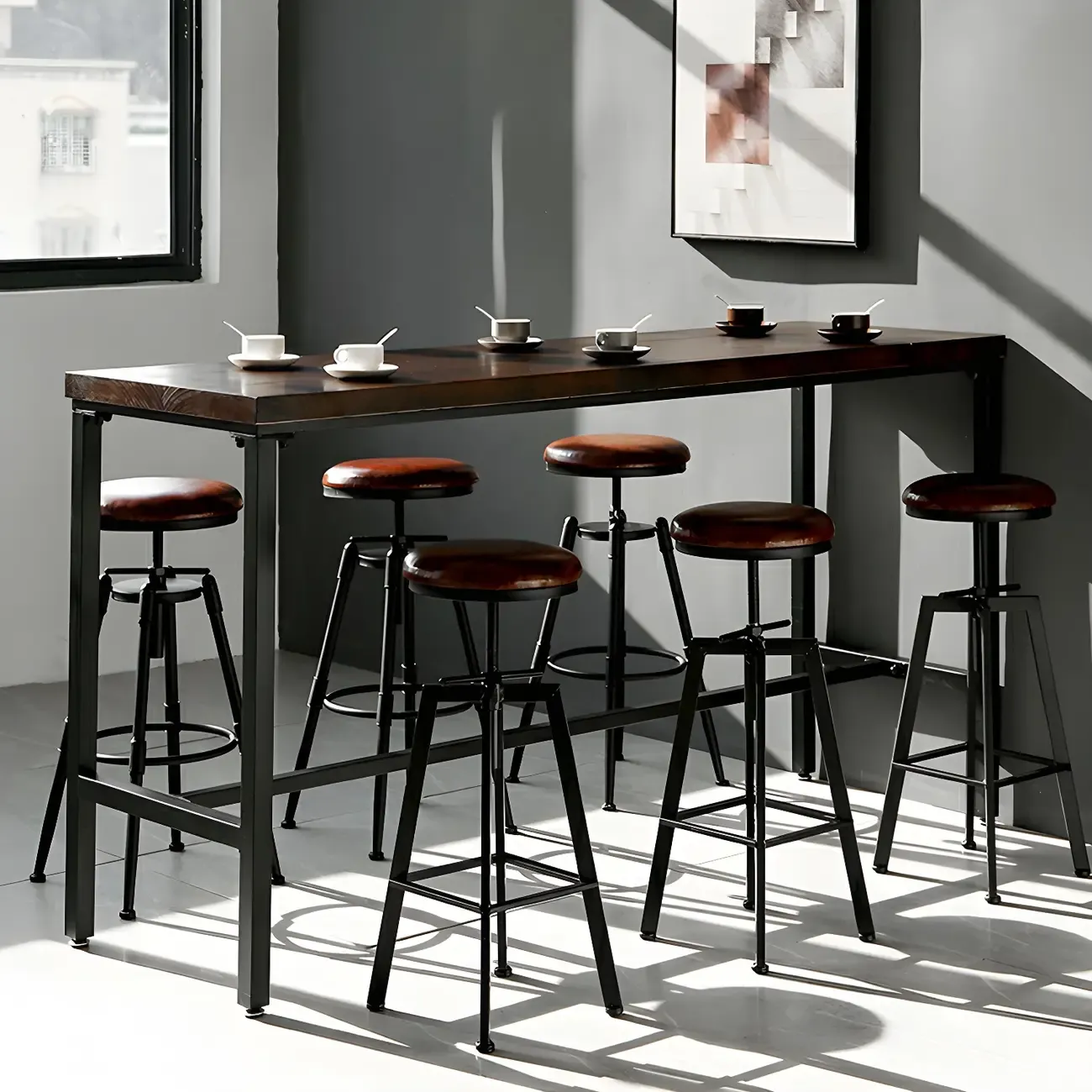 Industrial Brown Wooden Metal Adjustable Bar Tables Image - 6
