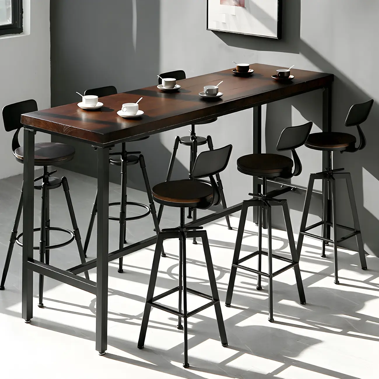 Industrial Brown Wooden Metal Adjustable Bar Tables Image - 14 | homeyfad