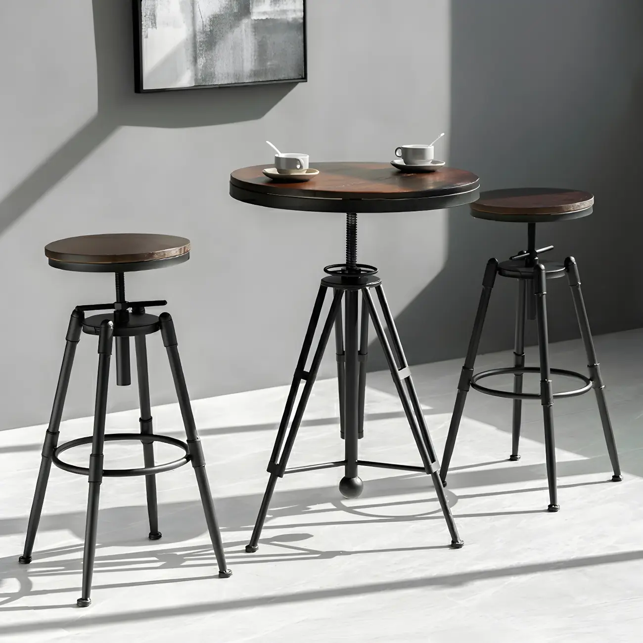 Industrial Brown Wooden Metal Adjustable Bar Tables Image - 17 | homeyfad