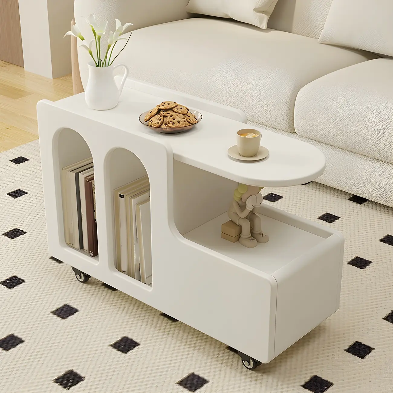 Free Form Rectangular Wood Mobile End Table White Image - 3 | homeyfad