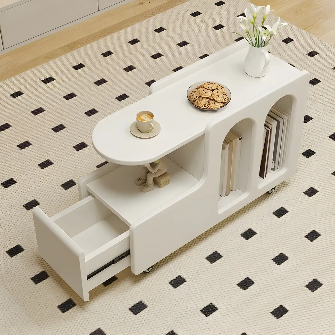 Free Form Rectangular Wood Mobile End Table White Image - 5