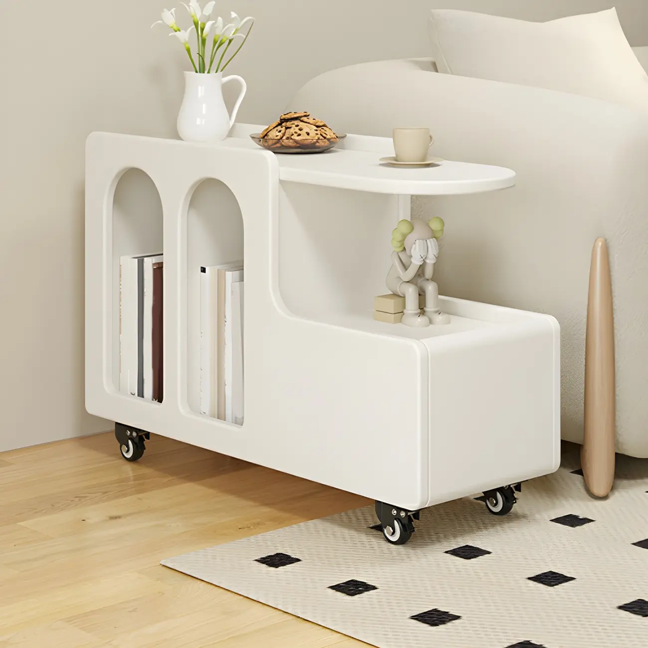 Free Form Rectangular Wood Mobile End Table White Image - 6 | homeyfad
