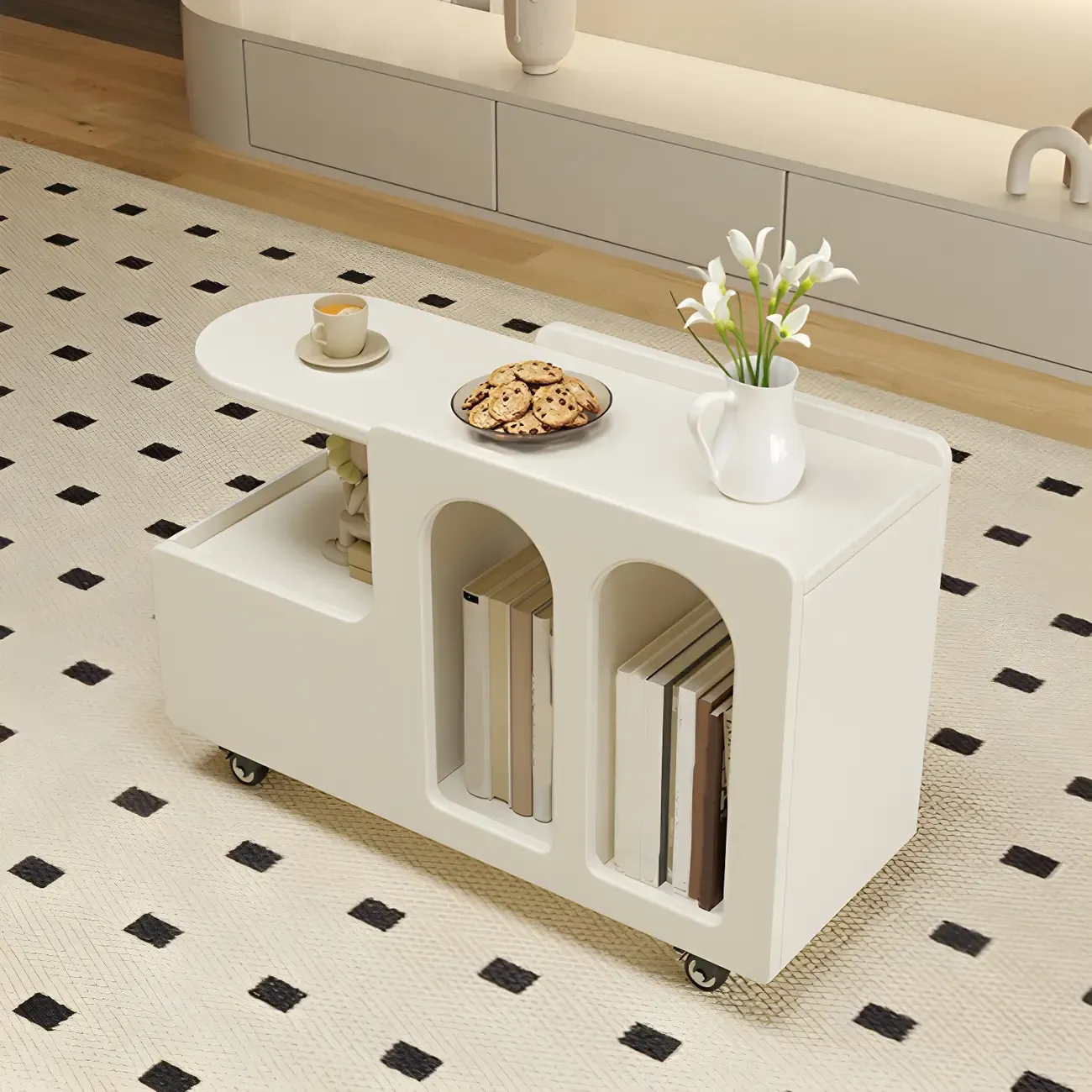 Free Form Rectangular Wood Mobile End Table White Image - 11