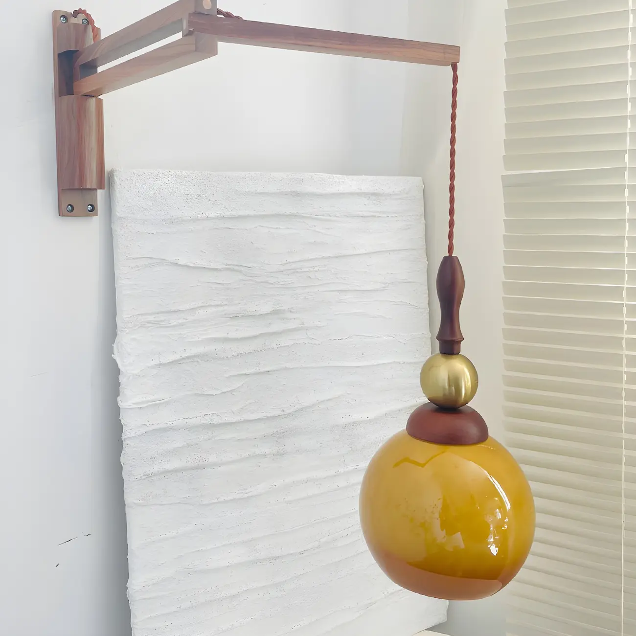 Vintage Wood Brown Swing Arm Amber Shade Wall Light Image - 2 | homeyfad