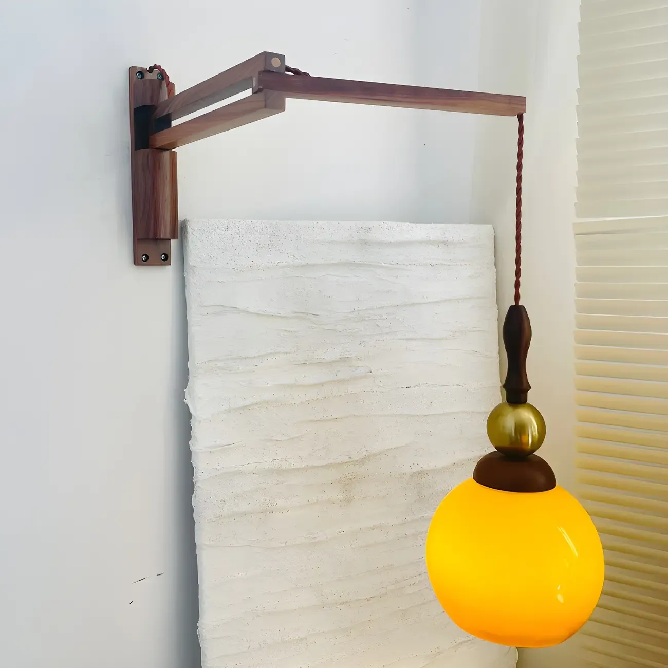 Vintage Wood Brown Swing Arm Amber Shade Wall Light Image - 3