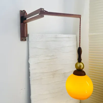 Vintage Wood Brown Swing Arm Amber Shade Wall Light Image - 3