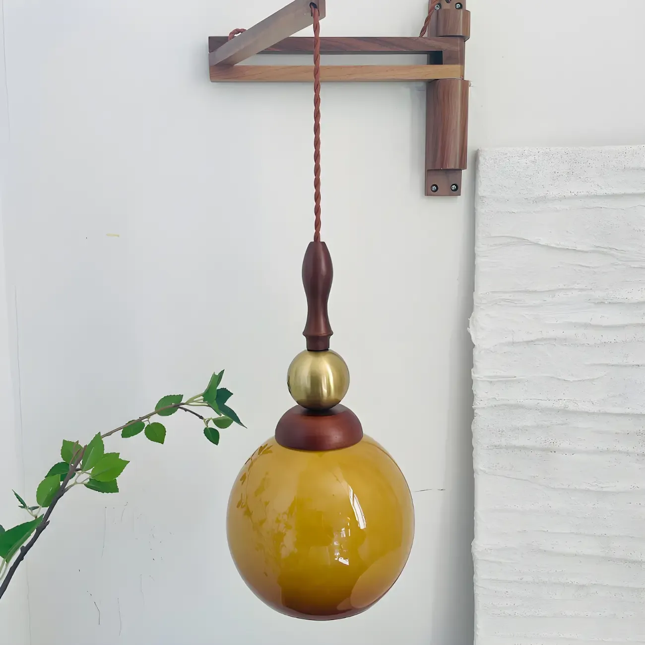 Vintage Wood Brown Swing Arm Amber Shade Wall Light Image - 4