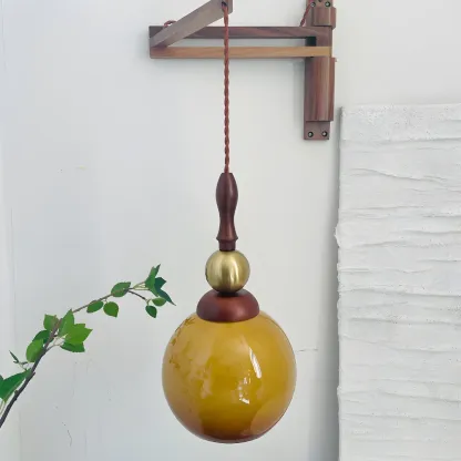 Vintage Wood Brown Swing Arm Amber Shade Wall Light Image - 4