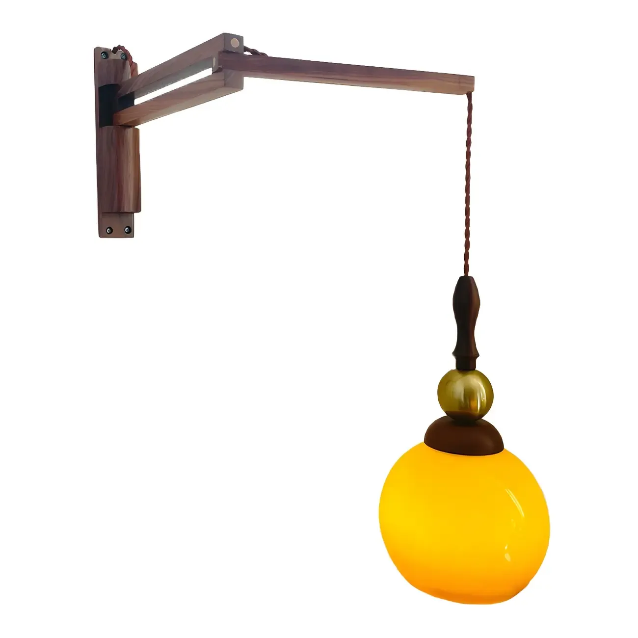 Vintage Wood Brown Swing Arm Amber Shade Wall Light Image - 9