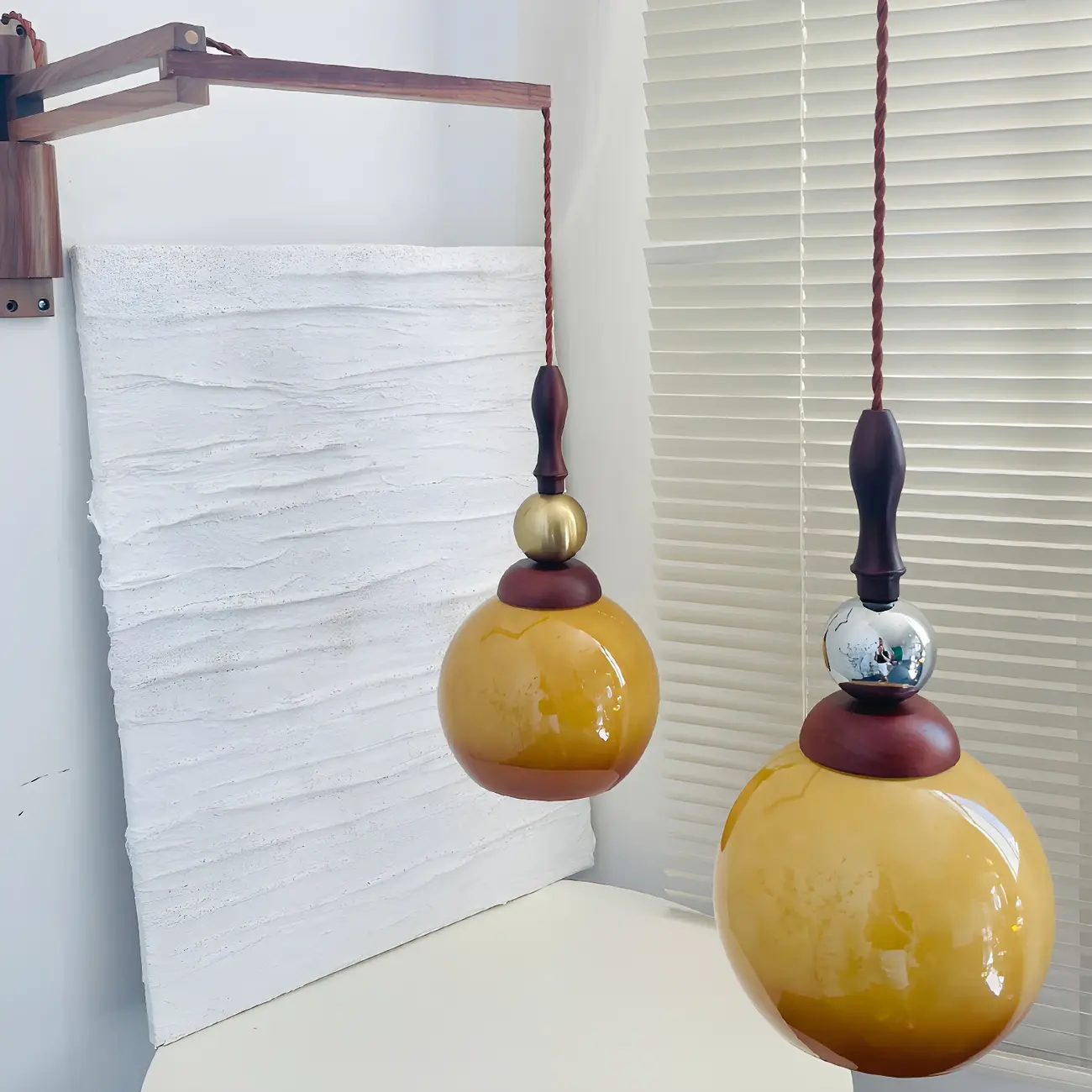 Vintage Wood Brown Swing Arm Amber Shade Wall Light Image - 5 | homeyfad