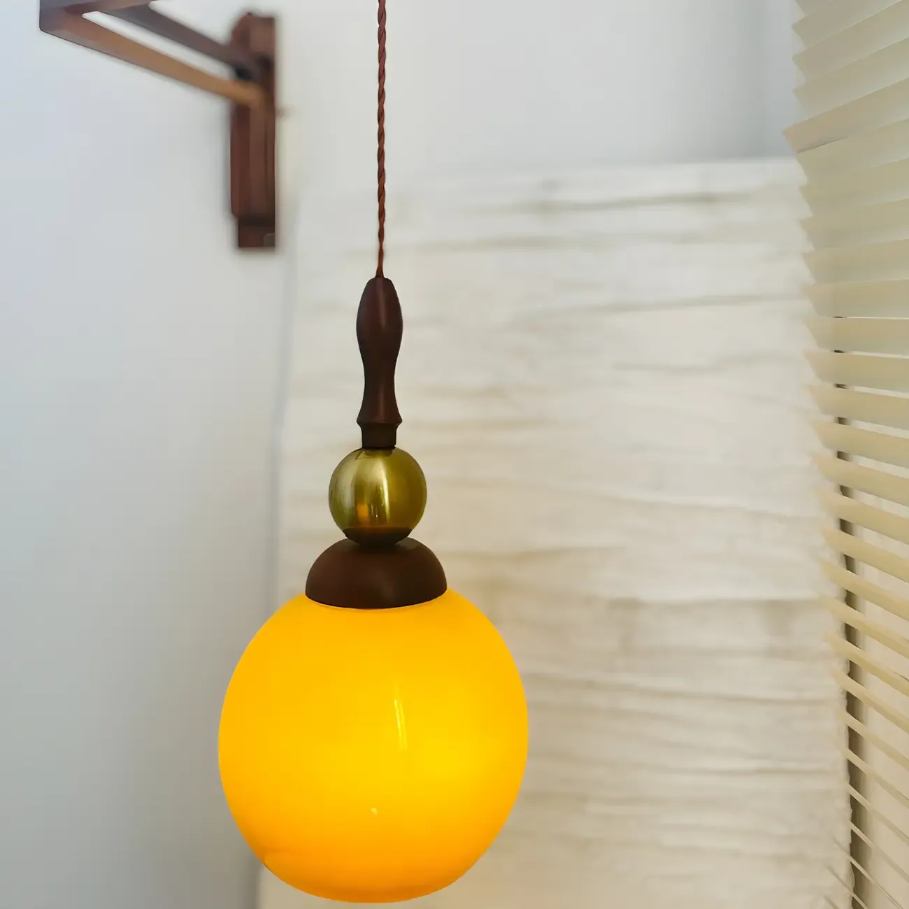 Vintage Wood Brown Swing Arm Amber Shade Wall Light Image - 6