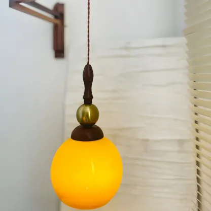 Vintage Wood Brown Swing Arm Amber Shade Wall Light Image - 6