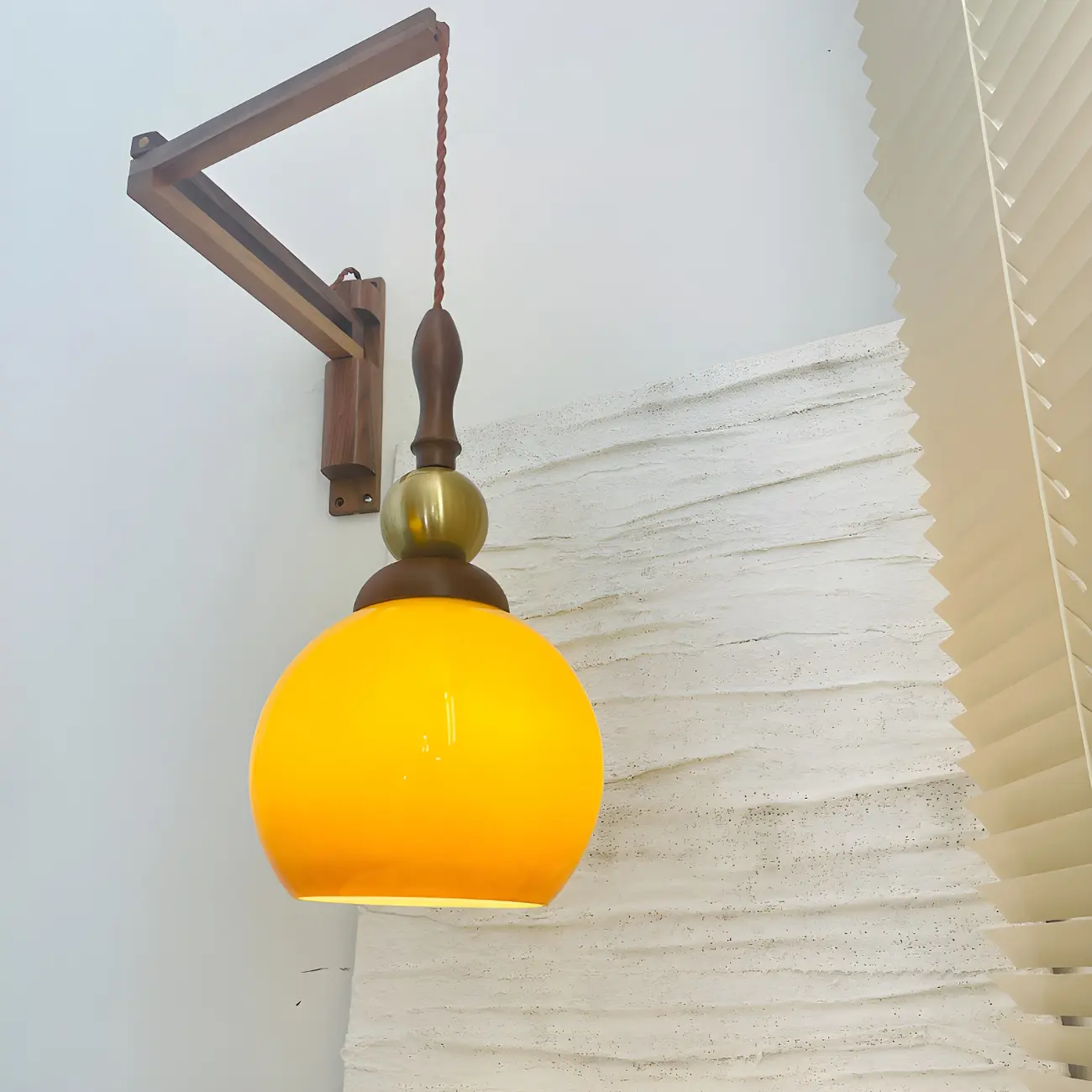 Vintage Wood Brown Swing Arm Amber Shade Wall Light Image - 7 | homeyfad
