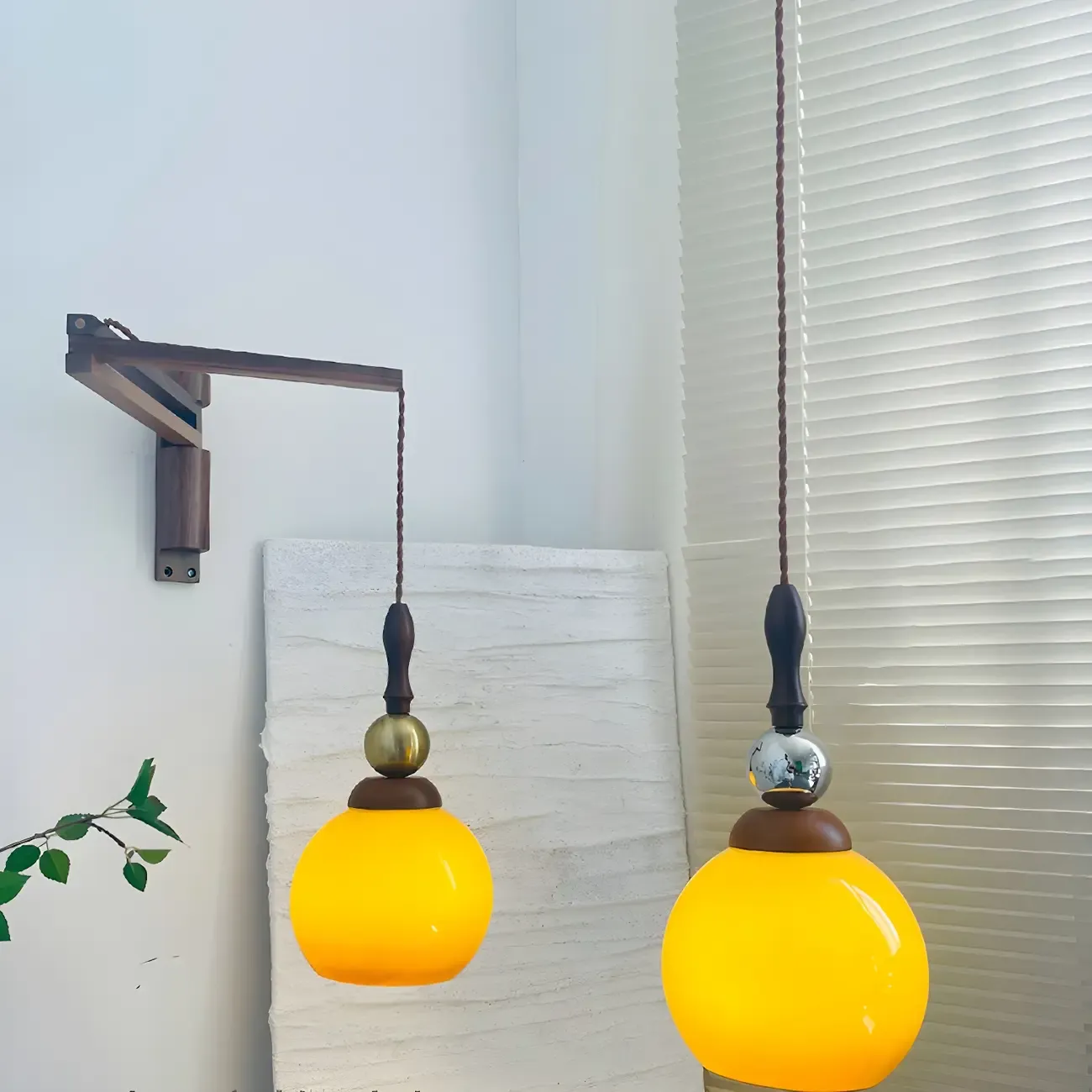 Vintage Wood Brown Swing Arm Amber Shade Wall Light Image - 8