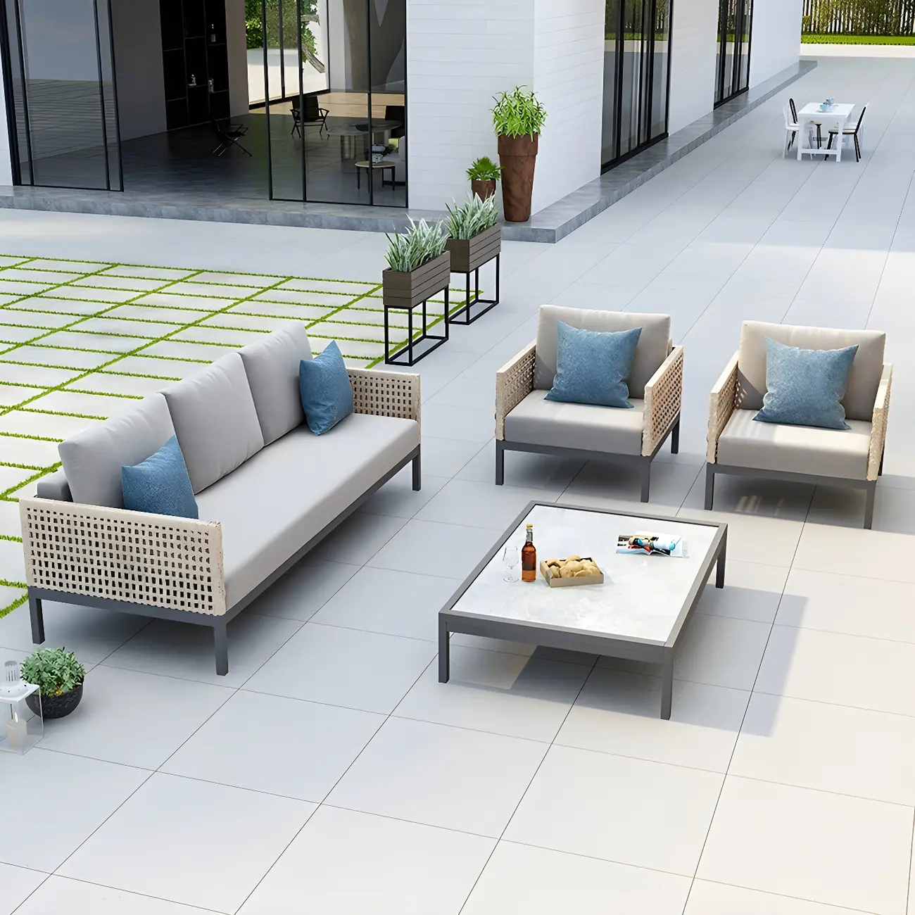 Symmetrical Modular Outdoor Sofa with Weaving Back Image - 2 | homeyfad