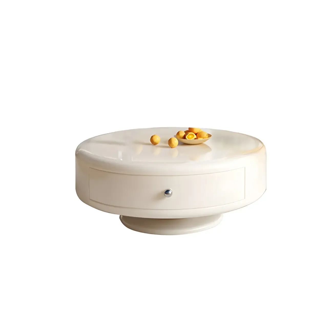 Modern White Round Wood Coffee Table with Drawer Image - 8