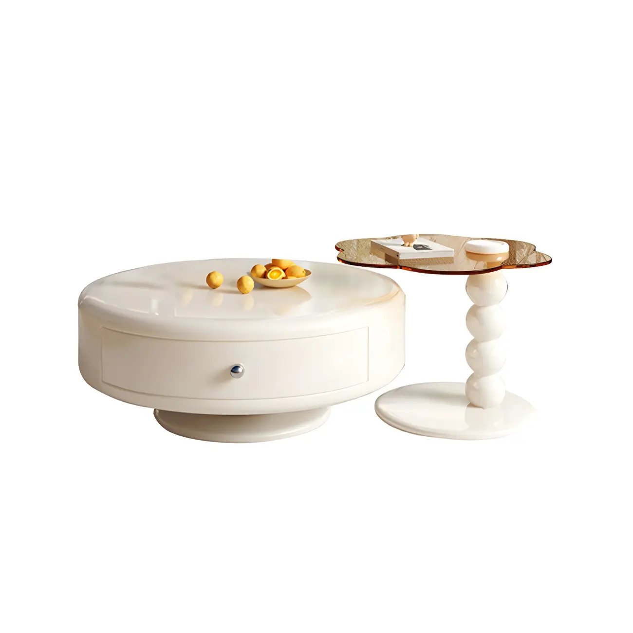 Modern White Round Wood Coffee Table with Drawer Image - 10 | homeyfad
