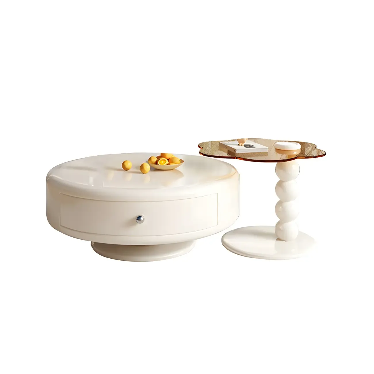 Modern White Round Wood Coffee Table with Drawer Image - 10