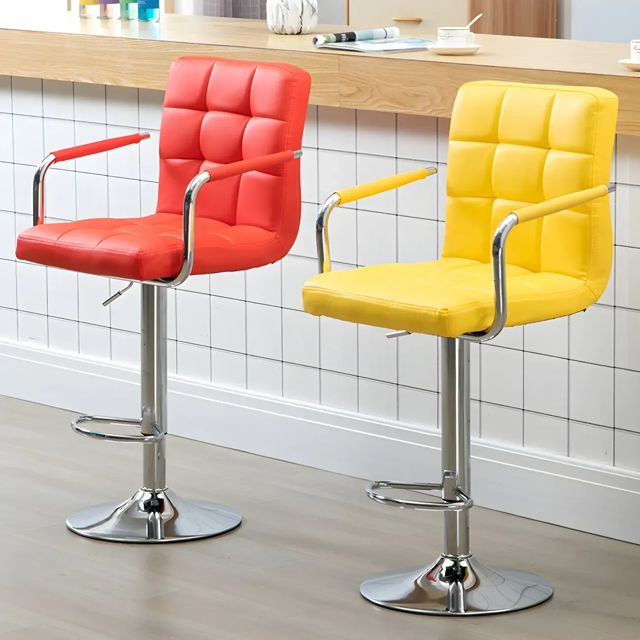 Faux Leather Adjustable Swivel Bar Stools with Backs Image - 3