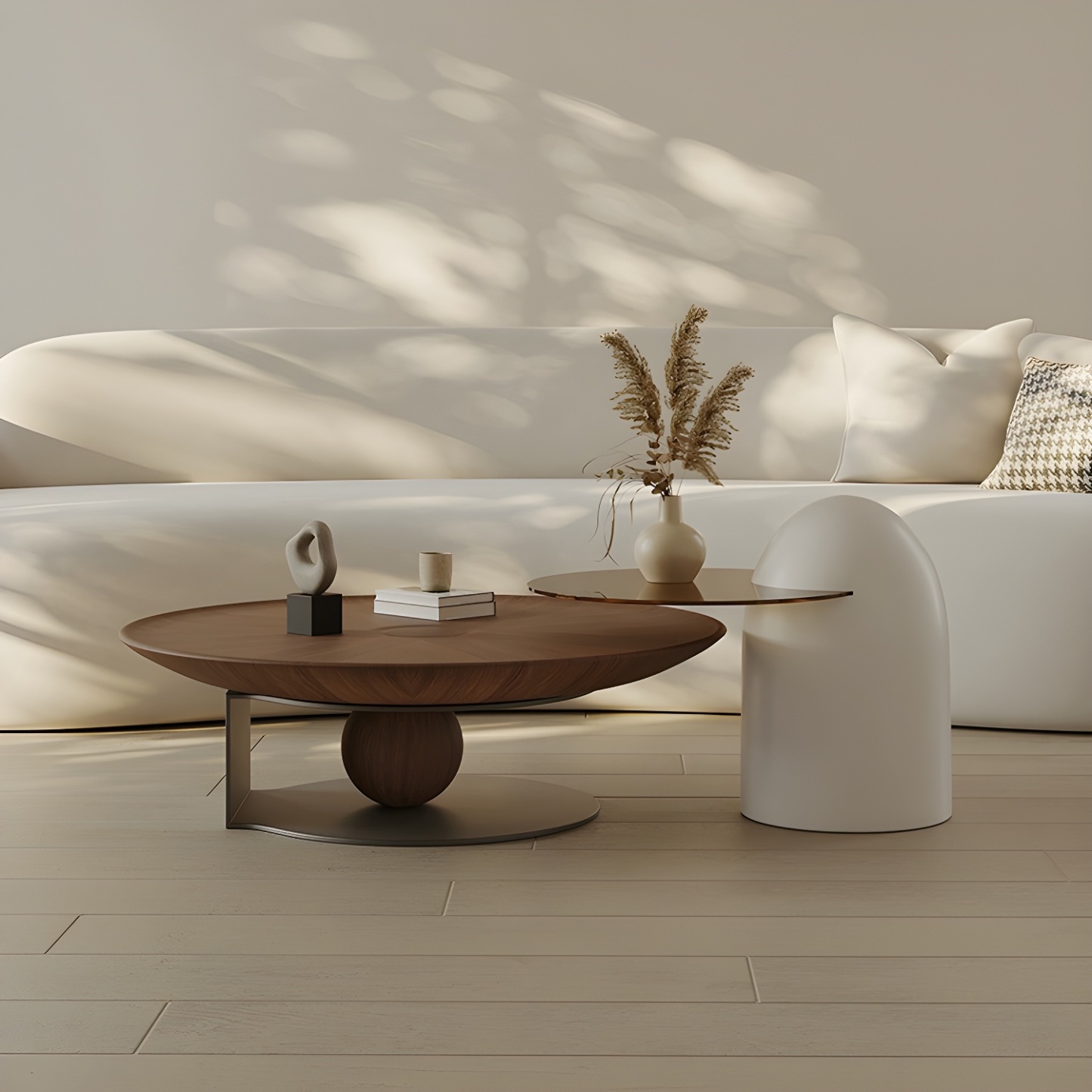Brown Round Metal Base Wooden Coffee Table
