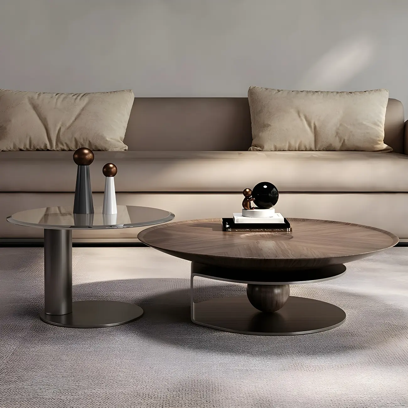 Brown Round Metal Base Wooden Coffee Table | homeyfad