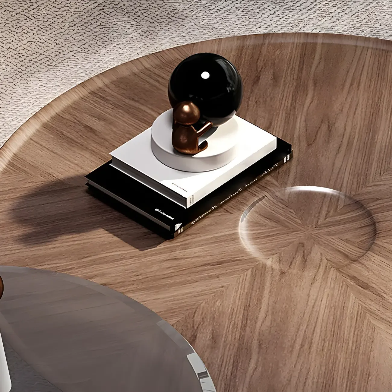 Brown Round Metal Base Wooden Coffee Table Image - 6