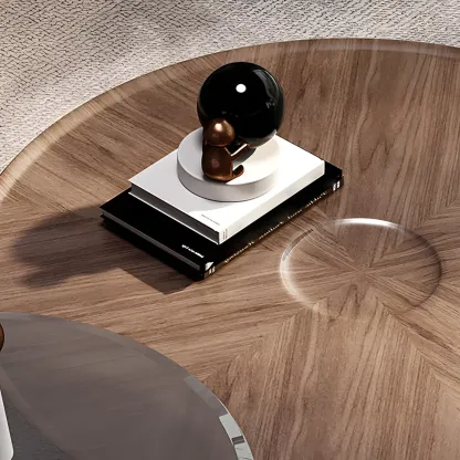 Brown Round Metal Base Wooden Coffee Table Image - 6