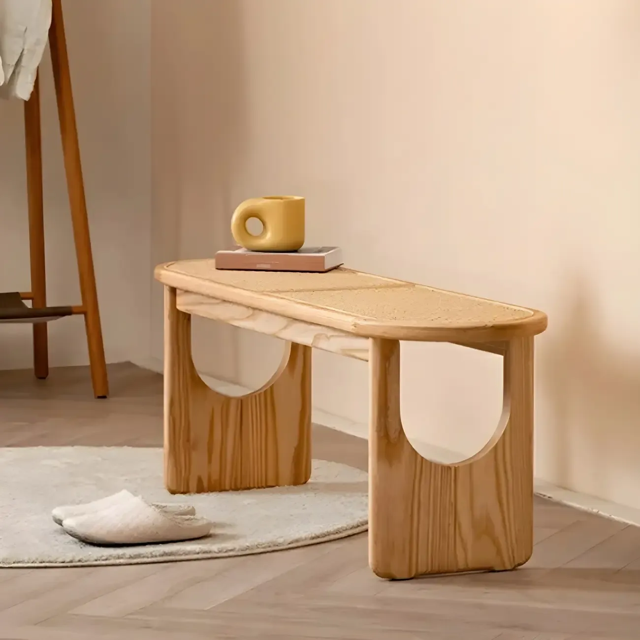 Rectangular Black Rattan Top Rubberwood Dining Bench Image - 5