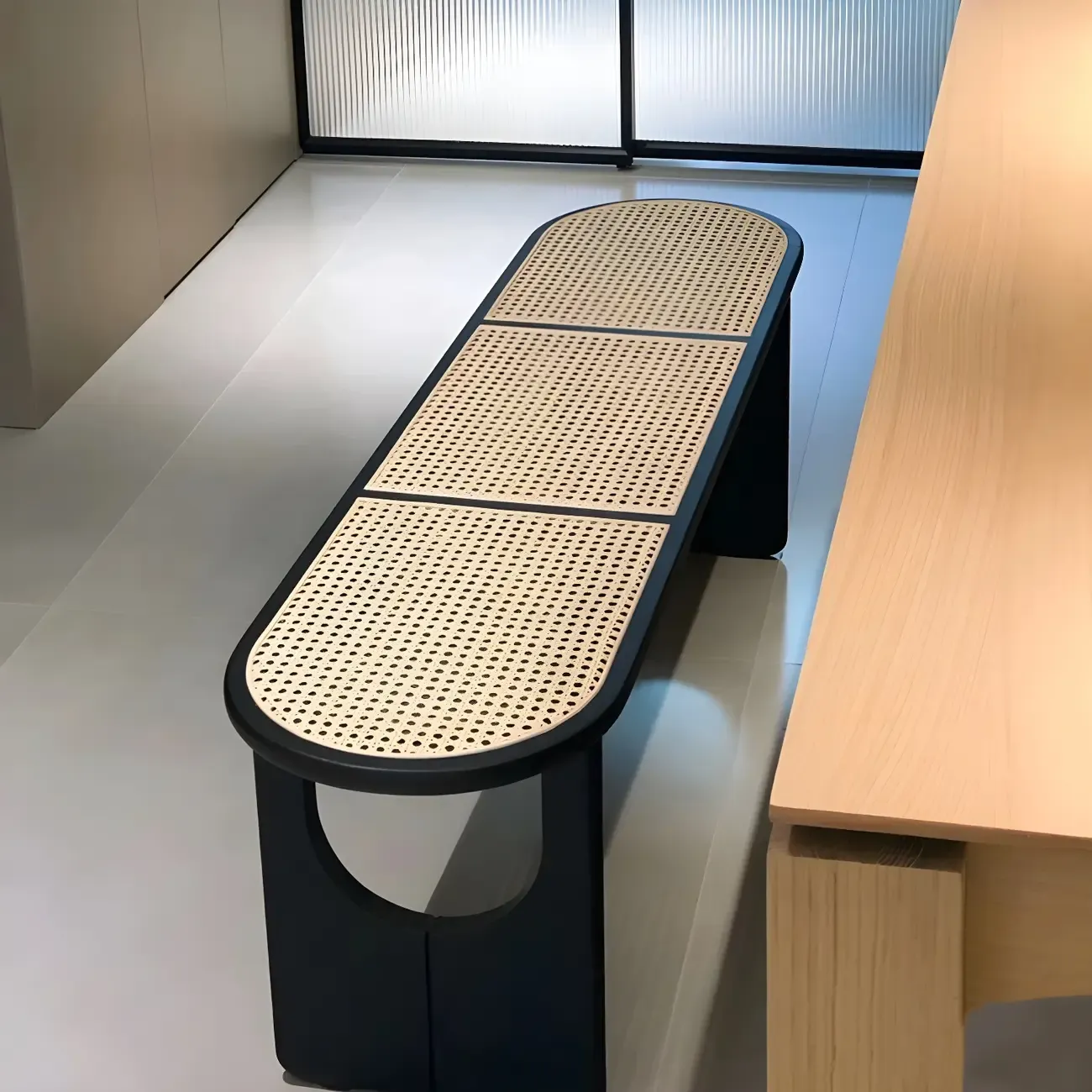 Rectangular Black Rattan Top Rubberwood Dining Bench Image - 3