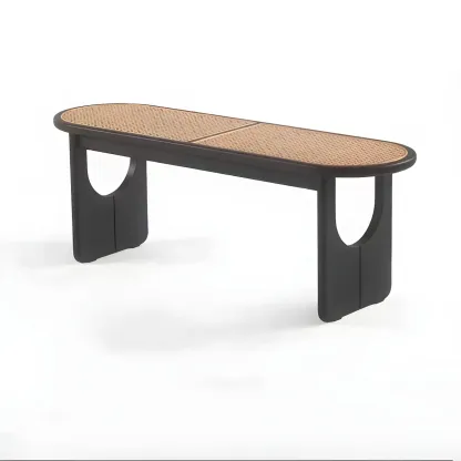 Rectangular Black Rattan Top Rubberwood Dining Bench Image - 19